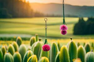 dos rosado flores colgando desde un cuerda en un campo. generado por ai foto