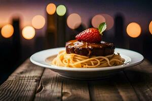 a plate with spaghetti and a strawberry on a wooden table. AI-Generated photo