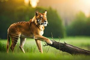 a tiger standing on a log in the grass. AI-Generated photo