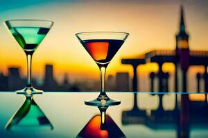 two glasses of cocktails on a table with a city skyline in the background. AI-Generated photo