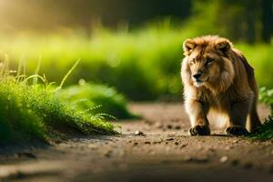 un león caminando en un suciedad la carretera en el medio de un verde campo. generado por ai foto