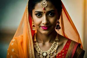 a beautiful indian woman wearing a traditional sari. AI-Generated photo