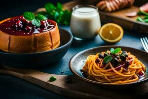 spaghetti with meatballs and cranberry sauce on a wooden table. AI-Generated photo