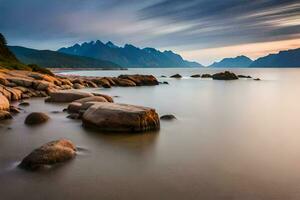 a long exposure photograph of rocks and water in the ocean. AI-Generated photo