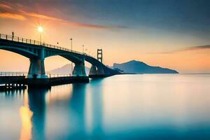 el puente a puesta de sol terminado el océano. generado por ai foto