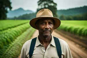 a man in a hat standing in a field. AI-Generated photo