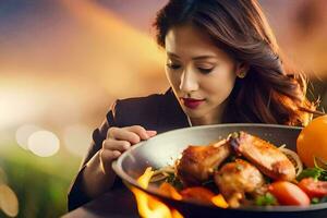 un mujer es mirando a un pan con pollo y vegetales. generado por ai foto