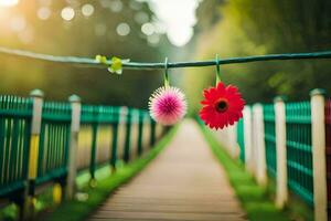 dos flores colgando desde un cable en un de madera camino. generado por ai foto