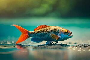 a fish is standing on the water with its mouth open. AI-Generated photo