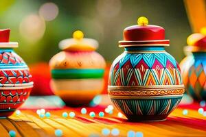 colorful painted pots on a table with colorful lights. AI-Generated photo