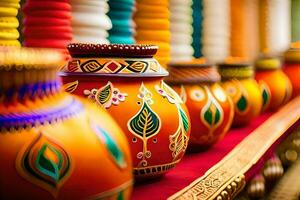 colorful vases are lined up on a table. AI-Generated photo