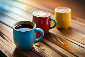 three colorful coffee cups sit on a wooden table. AI-Generated photo