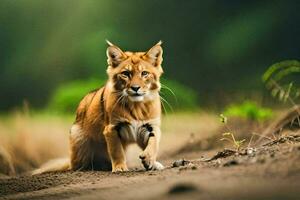 a lynx cat is walking on the dirt road. AI-Generated photo