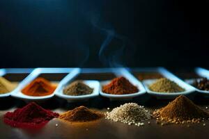 a variety of spices in small bowls. AI-Generated photo