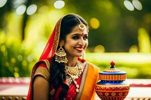 a beautiful indian bride in traditional attire holding a pot. AI-Generated photo