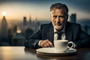 un hombre en un traje se sienta a un mesa con un taza de café. generado por ai foto