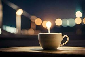 un taza de café en un mesa con un iluminado vela. generado por ai foto