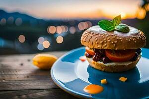 un hamburguesa en un azul plato con un puesta de sol en el antecedentes. generado por ai foto