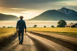 a man walking down a dirt road with a cane. AI-Generated photo