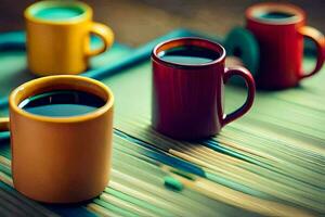 vistoso café tazas en un mesa. generado por ai foto