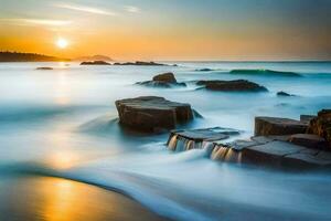 a long exposure photograph of waves crashing on rocks at the beach. AI-Generated photo