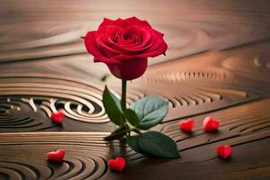 a single red rose on a wooden table with hearts. AI-Generated photo