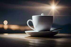 un taza de café en un mesa en frente de un brillante ligero. generado por ai foto