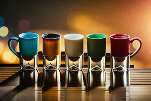 five different colored cups lined up on a table. AI-Generated photo