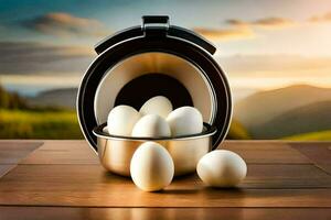 eggs in an open container on a table. AI-Generated photo