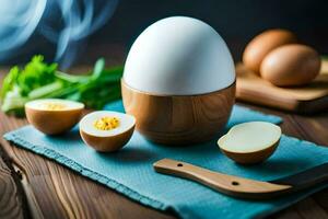 an egg is cut in half and placed on a wooden table. AI-Generated photo