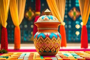 a colorful vase on a colorful table with curtains. AI-Generated photo