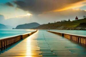 a long wooden pier leads to the ocean at sunset. AI-Generated photo