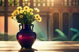 a vase with yellow flowers sitting on a table. AI-Generated photo