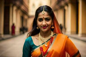 a beautiful indian woman in an orange sari. AI-Generated photo