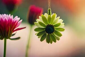 a green flower is hanging from a string. AI-Generated photo