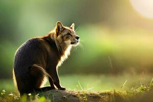 a fox sitting on a rock in the grass. AI-Generated photo