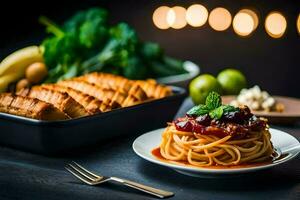 spaghetti with meat sauce and bread on a plate. AI-Generated photo