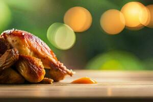 a chicken sitting on a wooden table with a sauce. AI-Generated photo