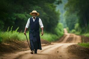 un antiguo hombre caminando abajo un suciedad la carretera con un caña. generado por ai foto