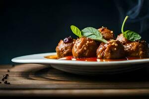 meatballs with sauce and herbs on a plate. AI-Generated photo