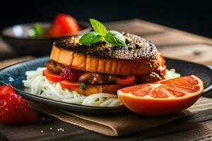 a sandwich with meat, tomatoes and strawberries on a plate. AI-Generated photo