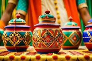 colorful pots with designs on them are on display. AI-Generated photo