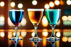 three glasses of different colored drinks on a table. AI-Generated photo