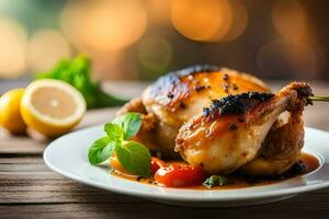 a plate of roasted chicken with vegetables and lemon. AI-Generated photo