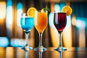 three glasses of different colored drinks on a table. AI-Generated photo