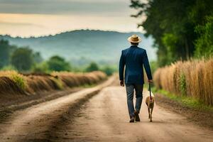 un hombre caminando su perro abajo un suciedad la carretera. generado por ai foto