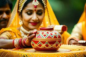 un mujer en tradicional indio atuendo es participación un maceta. generado por ai foto