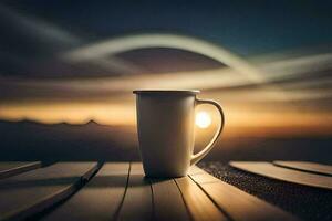 un café taza se sienta en un mesa en frente de un puesta de sol. generado por ai foto