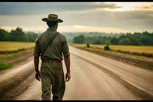 a man in a hat walks down a dirt road. AI-Generated photo