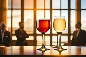 dos lentes de vino en un mesa en frente de un ventana. generado por ai foto